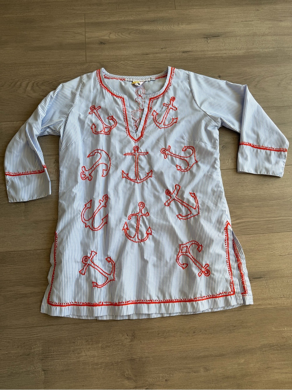 Gretchen Scott Striped Nautical Tunic with Orange Anchor Embroidery - size small